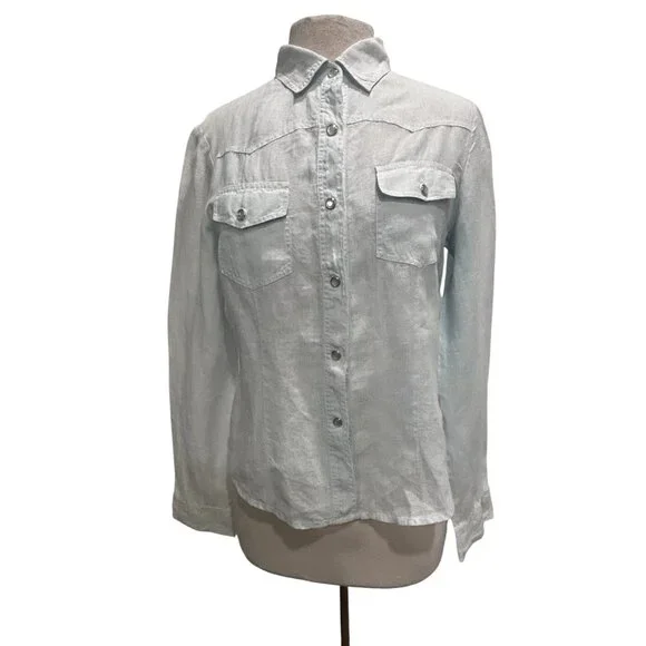 Sundance Catalog Linen Western Shirt Women M Pearl Snap Cowboy Boho USA Made - Picture 2 of 10